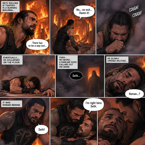 Seth Rollins is in a burning building,He tries to find a way out,he couldn’t find a way out. He was coughing because of the smoke,Eventually….he collapsed on the floor. Then….He heard….a familiar voice calling out his name. He slowly opened his eyes…it was Roman Reigns. Seth weakly called out Roman’s name. Roman rushed over to Seth. “I’m right here Seth” said Roman