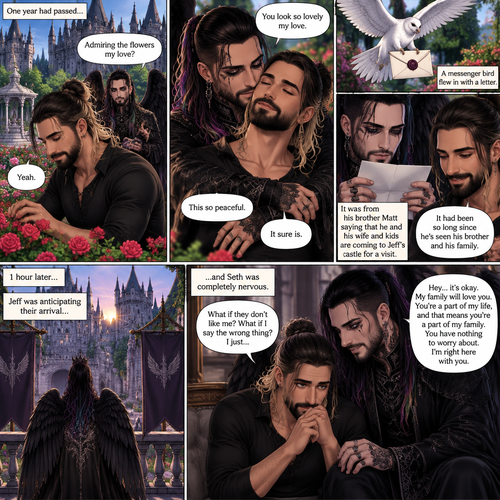 (Part 4 of the dark angel X human story). 1 year had passed,Jeff Hardy (The dark angel king) and Seth Rollins are more closer than ever. Seth had been living in the palace with Jeff. One day Seth was in the garden. Jeff walked behind him. “Admiring the flowers my love?” Jeff asked. Seth smiled softly. “Yeah” Seth said softly. Jeff gently pulled Seth in his embrace. “You look so lovely my love” Jeff said softly. Seth hummed softly. “This so peaceful” Seth said softly. “It sure is” Jeff said softly. Then a messenger bird flew in with a letter. Jeff gently picked up the letter and opened it,It was from his brother Matt saying that he and his wife and kids are coming to Jeff’s castle for a visit. Seth looked at the letter too. Jeff smiled,it had been so long since he’s seen his brother and his family. 1 hour later,Jeff was anticipating their arrival and Seth was completely nervous. Seeing that Seth was nervous Jeff gently held his hand and reassured him