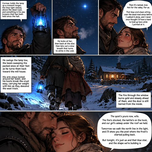 Cormac holds the lamp up a moment longer, the blue light steady above the dead road, and something in his jaw loosens that has been held since the hall. He looks at her, then back at the star, then lets out a slow breath that turns to white in the cold.
Then it's named, love. Not for the valley. For us. That blue one's been sitting over the dead road since before I walked it alone, and I never once thought I'd have a hand to hold up here while I pointed at it.
He swings the lamp low, the beam sweeping the packed snow at their feet as he turns them back toward the mill house. His arm stays locked around her waist, and his boots break the crust easy, carrying her weight with him as they descend the west track. The fire through the window burns gold and steady ahead of them, and the door is still barred from the inside.
The quiet's yours now, wife. The fire's stocked, the kettle's on the hook, and our girl's asleep under the roof we held. Tomorrow we walk the north line in the light, and I'II show you the post where the frost's started pulling back. But tonight, it's just us and that blue star, and the shape we're building is
Tap blank area to return