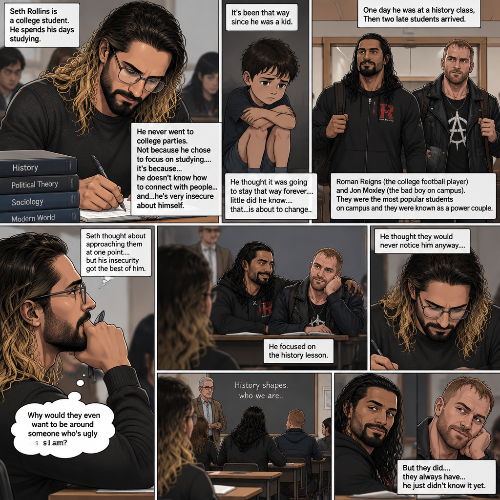 Seth Rollins is a college student. He spends his days studying,He never went to college parties. Not because he chose to focus on studying….it’s because…he doesn’t know how to connect with people…and…he’s very insecure about himself. It’s been that way since he was a kid. He thought it was going to stay that way forever….little did he know….that…is about to change. One day he was at a history class,Then two late students arrived. Roman Reigns (The college football player) and Jon Moxley (The bad boy on campus). They were the most popular students on campus and they were known as a power couple. Seth thought about approaching them at one point….but his insecurity got the best of him. “Why would they even want to be around someone who’s ugly as I am?” Seth thought to himself. He focused on the history lesson. He thought they would never notice him anyway….but they did….they always have…he just didn’t know it yet