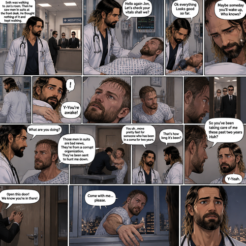 Seth Rollins is a Doctor. He had been looking after a patient (Jon Moxley) who had been in a coma for two years. One day he was walking to Jon’s room,Then he saw men in suits at the front desk. He thought nothing of it and kept walking. He entered Jon’s room. “Hello again Jon,Let’s check your vitals shall we?” Said Seth. He checks Jon’s vitals. “Ok everything Looks good so far” said Seth. He looked at Jon’s face. “Maybe someday you’ll wake up,Who knows?” Said Seth. He got up to leave the room….But a hand grabbed a hold of his wrist. Seth gasped. It was Jon,He’s wide awake and Looking at Seth. “Y-You’re awake” Said Seth. Then Jon carefully got up,Looked out the door and noticed the men in suits. His eyes widened and he shut the door and locked it. “What are you doing?” Seth asked. Jon spoke for the first time since the coma “Those men in suits are bad news,They’re from a corrupt organization,They’ve been sent to hunt me down”. Seth Fell silent,Processing what Jon just said. Jon moved quickly to barricade the door. “You uh…move pretty fast for someone who has been in a coma for two years” said Seth. Jon fell silent while processing that information. “That’s how long it’s been?” Jon asked. Seth nodded slowly. Jon walked slowly toward Seth. “So you’ve been taking care of me these past two years Huh?” Said Jon. Seth got nervous. “Y-Yeah” Seth said Nervously. Then one of the men in suits tried to open the locked and Barricaded door. Jon quickly ran to the window and opened it. He looked at Seth,Then he held out his hand. “Come with me…please” said Jon