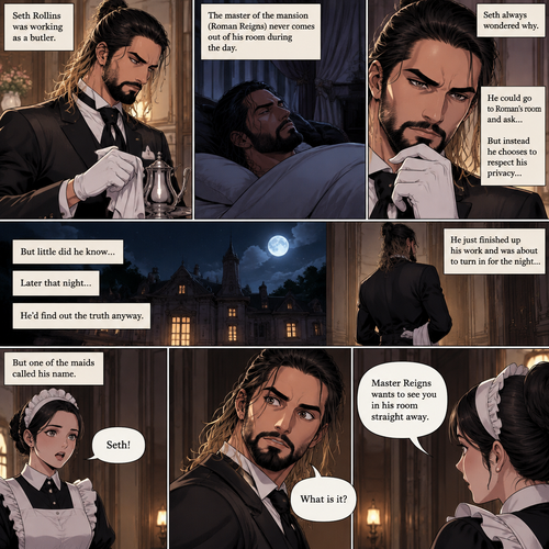 Seth Rollins was working as a butler,The master of the mansion (Roman Reigns) never comes out of his room during the day.Seth always wondered why,He could go to Roman’s room and ask…But instead he chooses to respect his privacy….but little did he know…Later that night…he’d find out the truth anyway.He just finished up his work and was about to turn in for the night…Buy one of the maids called his name. “What is it?” Asked Seth. “Master Reigns wants to see you in his room straight away” Said the maid