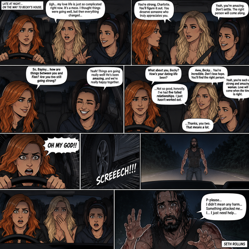 It was late at night,Becky Lynch Was in a car with Charlotte Flair and Bayley. They were driving to Becky’s house. Charlotte was talking about her complicated love life. Becky and Bayley were giving her words of comfort and support. Charlotte then asked Bayley how things were between her and Finn Bálor (They’re dating in this story). Bayley said things were going very well between the two of them. Becky and Charlotte were both happy to hear that. Bayley then looked at Becky and asked How HER dating life had been. Becky got a sad look on her face as she admitted that her dating life wasn’t doing very good,She had Five failed relationships. Charlotte and Bayley gave Becky words of comfort. Becky felt a little better. Then Becky looked at the road and suddenly yelled “OH MY GOD!!” And slammed on the breaks. There was a man (Seth Rollins) standing in front of the car,He was covered in bad scratches. He had a frightened expression on his face,He looked like he got attacked by a wild animal