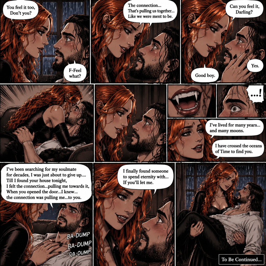 Part 2.The setting is still at Seth Rollins’s house,It’s still raining outside.”You feel it too,Don’t you” Asked Becky Lynch. “F-Feel what?” Asked Seth Rollins nervously.Becky gets closer to Seth. “The connection…That’s pulling us together…Like we were ment to be” Becky said softly.Seth’s heart fluttered.Becky can hear it,She gently puts her hand on his cheek and leaned towards him. “Can you feel it,Darling?” Becky Asked Softly.Something about her voice made Seth unable to resist her. “Yes” Seth whispers. “Good boy” Becky whispers.Their lips connect softly,Becky gently pushes Seth on his back on the couch while they kiss.They eventually pull away and look at each other.Becky smiles gently at him,That’s when….Seth Notices vampire fangs in her teeth,He was bewildered…But not scared. “I’ve lived for many years…and many moons” Becky said softly. “I have crossed the oceans of Time to find you” Becky said softly.Seth’s heart fluttered again,Becky heard it,She gently puts her hand on his chest to feel it.Seth blushed. “I’ve been searching for my soulmate for decades,I was just about to give up….Till I found your house tonight,I felt the connection…pulling me towards it,When you opened the door…I knew…the connection was pulling me…to you” Said Becky “I finally found someone to spend eternity with…If you’ll let me” Becky said softly. Seth Blushed more.Becky got off of Seth and lifted him up in her arms.End of part 2