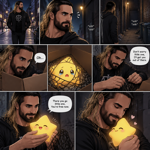 Seth Rollins was having a stroll down the street at night,then…he heard a small crying sound. He followed the sound to an alleyway. At first he didn’t see anything…then he heard the small crying noise coming from a box. He looked inside…he couldn’t believe it…it was a star (Luma). It was tangled up in a net. He got over his shock. “Don’t worry little one,I’ll get you out of there” said Seth. He gently untangled the net off Luma and gently picked  him up. “There you go little one,You’re free now” said Seth. Luma smiled with joy and nuzzled up against Seth