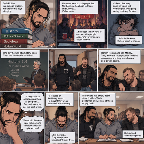 Seth Rollins is a college student. He spends his days studying,He never went to college parties. Not because he chose to focus on studying….it’s because…he doesn’t know how to connect with people…and…he’s very insecure about himself. It’s been that way since he was a kid. He thought it was going to stay that way forever….little did he know….that…is about to change. One day he was at a history class,Then two late students arrived. Roman Reigns (The college football player) and Jon Moxley (The bad boy on campus). They were the most popular students on campus and they were known as a power couple. Seth thought about approaching them at one point….But his insecurity got the best of him. “Why would they ever want to be around someone who’s as ugly as I am?” Seth thought to himself. He focused on the history lesson. He thought they would never notice him anyway….but they did…They always have…he just didn’t know it yet. There were two empty desks at each side of Seth,So Roman and Jon sat at those empty desks. Seth noticed and was surprised.
