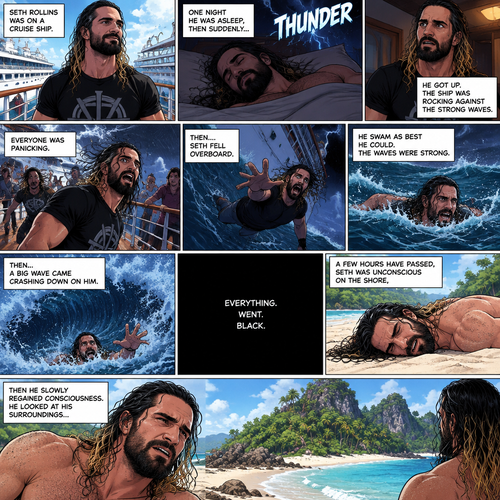 Seth Rollins is on a cruise ship,One night he was asleep,Then suddenly…thunder. He got up. The ship was rocking against the strong waves. Everyone was panicking,Then….Seth fell overboard. He swam as best as he could. The waves were strong,Then…A big wave came crashing down on him. Everything.Went.Black. A few hours have passed,Seth was unconscious on the shore,Then he slowly regained consciousness. He looked at his surroundings