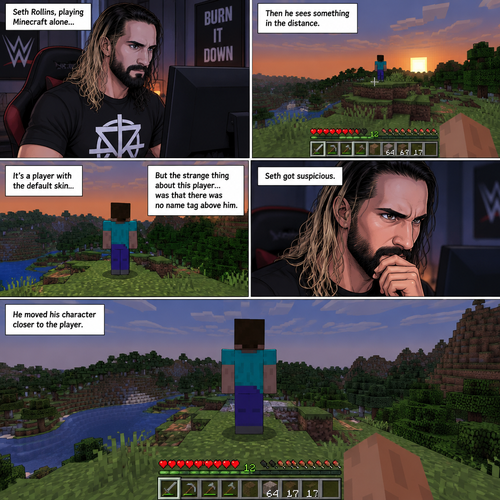 Seth Rollins was playing Minecraft alone on his computer,Then he sees something in the distance. It was a player with the default skin,His back was facing Seth. The strange thing about this player…was that there was no name tag above him. Seth got suspicious,He moved his character closer to the player