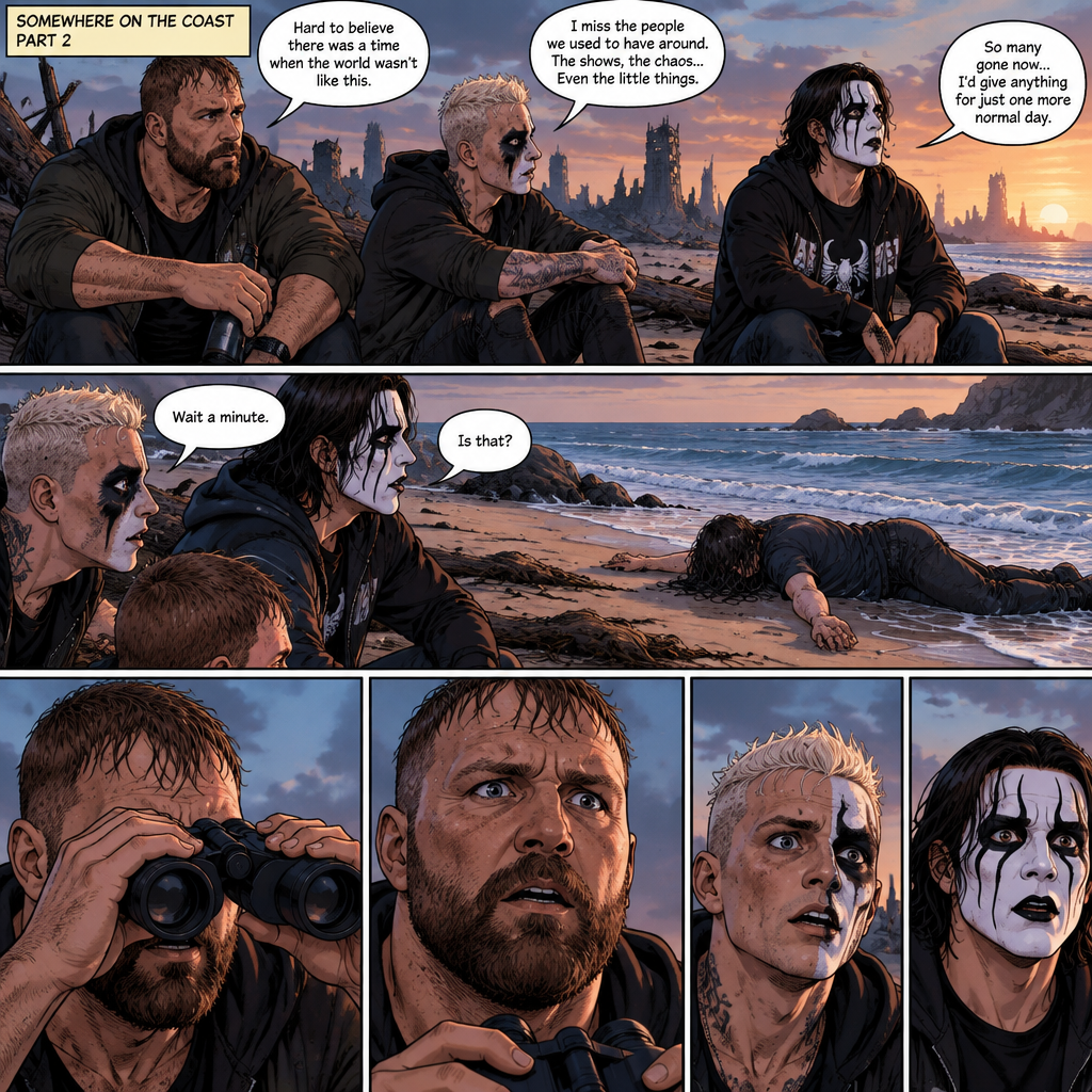 Part 2 of the apocalypse story.Jon Moxley,Darby Allin and Steven Borden (Sting’s son) were on a beach reminiscing about the time before the apocalypse and the people they missed,Then they found an unconscious person washed up on shore and made a realization. “Wait a minute” Said Darby. “Is that?” Asked Steven. Jon slowly lowered his binoculars,His eyes widened in shock.