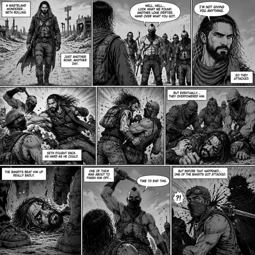 Seth Rollins is a wasteland wonderer,He was just walking down the road. Then suddenly….A group of bandits appeared. Seth stood his ground. Then….the bandits attacked and Seth fought back. He fought back as hard as he could…but eventually he was overpowered. The bandits beat him up really badly. One of them was about to finish him off…but before that happened…..One of the bandits got attacked