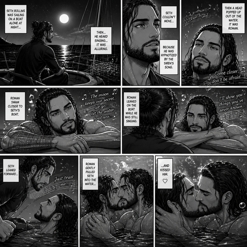 WWE superstar Roman Reigns as a siren Story:Seth Rollins was sailing on a boat alone at night…Then…He heard singing…it was alluring.Then a head popped up out of the water,It was Roman.Seth couldn’t move because he was hypnotized by the sirens song.Roman swam closer to Seth’s boat.Roman Leaned on the boat while he was still singing.Seth Leaned forward,Roman gently pulled Seth into the water…And kissed him