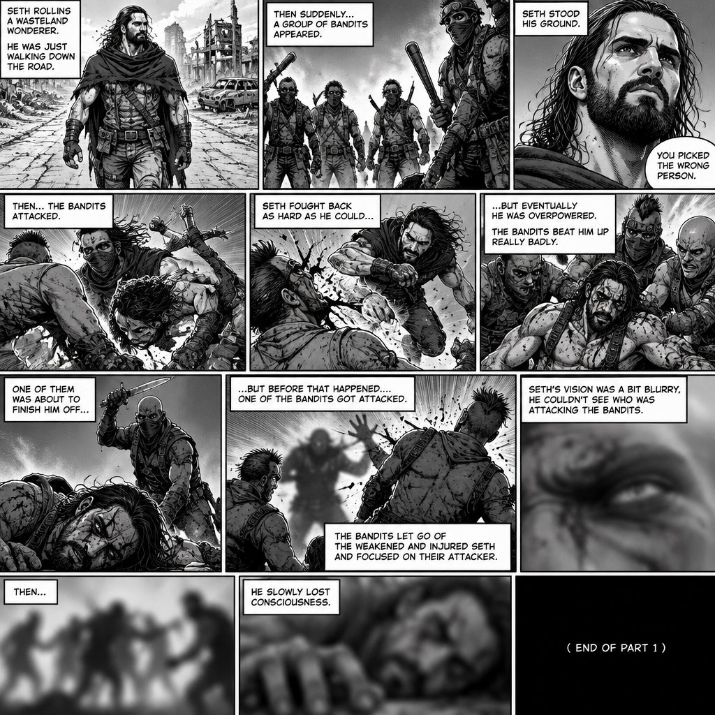 Seth Rollins is a wasteland wonderer,He was just walking down the road. Then suddenly….A group of bandits appeared. Seth stood his ground. Then….the bandits attacked and Seth fought back. He fought back as hard as he could…but eventually he was overpowered. The bandits beat him up really badly. One of them was about to finish him off…but before that happened…..One of the bandits got attacked. The bandits let go of the weakened and Injured Seth and focused on their attacker. Seth’s vision was a bit blurry,he couldn’t see who was attacking the bandits. Then…he slowly lost consciousness. (End of part 1)
