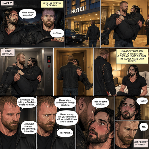 (Recap) Jon Moxley and Seth Rollins were fighting each other in a main event match against each other,Then Jon did something unexpected,He cupped his hands on Seth’s face,pulled him in and kissed him,the fans and some of the other wrestlers were shocked,Jon pulled away,Seth stood there stunned,Jon walked out of the ring and walked up the ramp,Seth eventually snapped out of it,he left the ring and ran to Jon,he wanted to know why Jon kissed him,Jon stopped walking and looked at Seth,He wrapped his arm around Seth’s waist and pulled him close,He whispered In Seth’s ear “I guess I haven’t made myself clear”,He put Seth over his shoulder and walked to the parking lot,He put Seth in the car and got in the driver seat and drove off. (And now part 2). After 20 minutes of driving Jon pulled into the parking lot of a hotel,He parked the car. He got out of the car and walked to the passenger seat. Before Seth could ask what’s going on Jon opened the door and lifted Seth in his arms,Then he walked into the hotel while holding Seth.He got in the elevator. When the elevator got to the 8th floor Jon walked out. He walked to his hotel room with Seth still in his arms,he got inside his hotel room. He gently put Seth down on the bed,Then he walked to the door and closed it and locked it. Seth’s heart was pounding a little. Jon slowly walked over to the bed. “I overheard you talking to Finn Bálor before our match” Jon said To Seth. “About your strategy….and something…interesting” Jon continued. “I heard you….confess your feelings about me” Jon continued. Seth blushed a little. “I heard you say that you were in love with me but didn’t know how to tell me” Said Jon. “To be honest…” Jon paused. He whispered in Seth’s ear. “I felt the same about you” Jon confessed. Seth blushed. “R-Really?” Seth asked. “Yes” Jon said Softly. Seth’s heart fluttered
