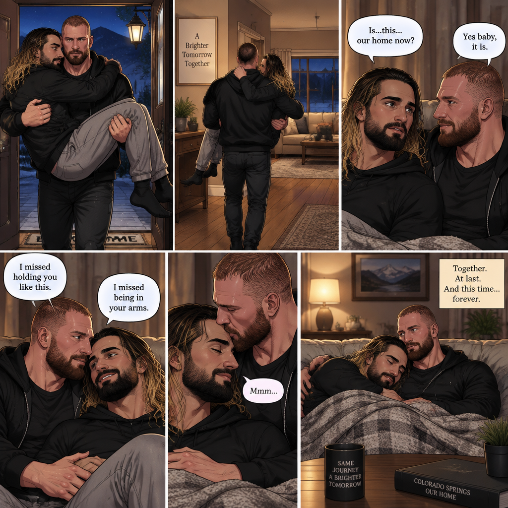 (Recap) Seth Rollins and Jon Moxley had an emotional reunion in an alley away,Jon carried Seth to his car,he put him in the passenger seat and Drove,12 hours have passed,they’re in Colorado Springs,Colorado,Jon was still driving and Seth was asleep in the passenger seat,he arrived at a house and parked the car,he got out and walked to the passenger side,he gently shook Seth awake,he lifted Seth in his arms and walked to the house. (And now part 3). Jon entered the house with Seth in his arms. Seth looks at the place. “Is…this…our home now?” Seth asked. Jon smiled softly. “Yes baby,it is” Jon said softly. Seth smiled softly. Jon gently puts Seth down on the couch. He sits next to Seth. He wrapped his arm around Seth. They cuddled on the couch. “I missed holding you like this” Jon said softly. “I missed being in your arms” Seth said softly. Jon kissed Seth’s forehead softly. Seth hummed softly. They cuddled on the couch together for a while…knowing fully well….they will never part again