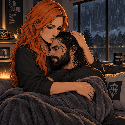 Part 3.Still is Seth Rollins’s house,Still raining outside,Becky Lynch was holding Seth Rollins in her arms
