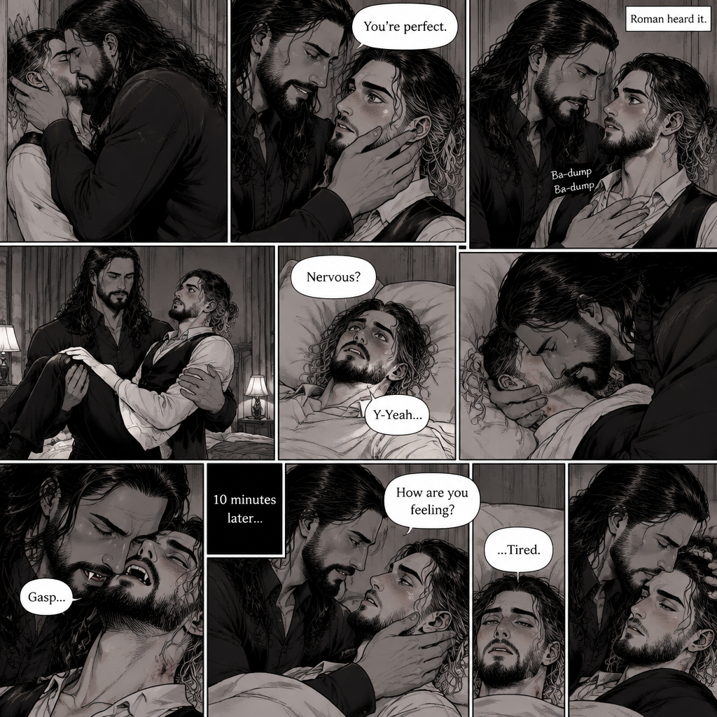 Part 3 of the Vampire x Butler story.Sill in the bedroom of the man of the house (Roman Reigns). He was kissing the Butler (Seth Rollins) against the wall. He smiled at Seth afterwards. Seth was flustered.Roman gently put his hand on Seth’s cheek. “You’re perfect” Roman said softly.Seth’s heart fluttered.Roman heard it,He gently placed his other hand on Seth’s chest to feel the heartbeat.After a while he lifted Seth into his arms.He walked to the bed and gently put Seth down on the bed.Seth looked up at Roman nervously. “Nervous?” Asked Roman. “Y-Yeah” Said Seth.Roman leaned forward towards Seth’s neck.He then wrapped his arms around him in his embrace.He put his lips on Seth’s neck.Seth’s breath hitched a little,Then….Roman’s fangs pierced Seth’s neck.Seth gasped softly.Roman Gently put his hand on Seth’s shoulder. After 10 minutes,Roman pulled his fangs off Seth’s neck. He gently placed his hand on Seth’s cheek. “How are you feeling?” Roman asked softly. “…Tired” Seth Responded softly. Roman kissed Seth’s forehead