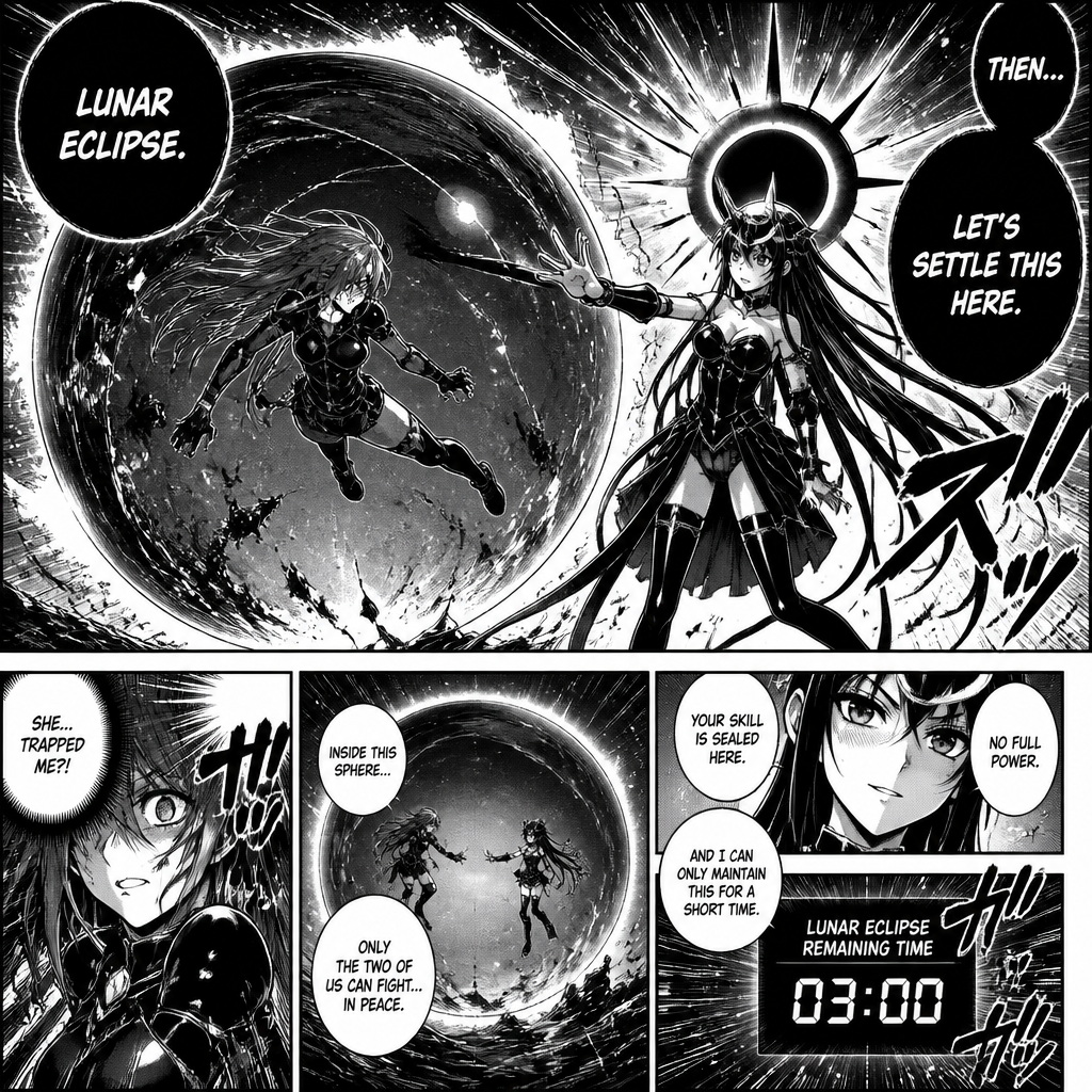 Then Luna Activates her lunar eclipse some technique and trapped her inside of a ball where only they can fight in peace, and her skill is turned off, so she can’t use her full power, but Luna can only use her lunar eclipse for a short time