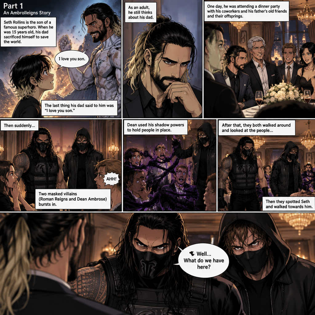 (Part 1 of an Ambrolleigns story) Seth Rollins is the son of a famous superhero. When he was 15 years old his sad sacrificed himself to save the world,the last this his dad said to him was “I love you son”. As an adult he still thinks about his dad. One day He was attending a dinner party with his coworkers and his father’s old friends and their offsprings,Then suddenly….Two masked villains (Roman Reigns and Dean Ambrose) bursts in. Some people screamed and the retired superhero’s and their offspring prepared to attack the masked villains. Then Dean used his shadow powers to hold people In place. After that they both walked around and Looked at the people,Then they spotted Seth and walked towards him. “Well…What do we have here?” Roman asked