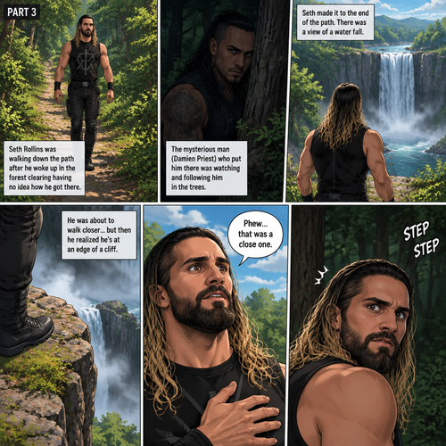(Recap).Seth Rollins was walking down the path after he woke up In the forest clearing having no idea how he got there.The mysterious man (Damien Priest) who put him there was watching and following him in the trees.(And now part 3). Seth made it to the end of the path,there was a view of the a water fall.He was about to walk closer…but then he realized he’s at an edge of a cliff. “Phew…that was a close one” Seth said to himself,Then….he heard footsteps behind him