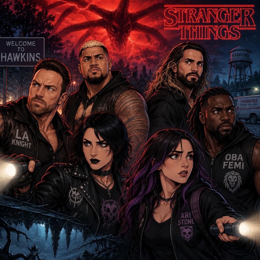 LA Knight,Solo Sikoa,Seth Rollins,Oba Femi,Rhea Ripley and Ari Stone (My wrestler oc) in stranger things