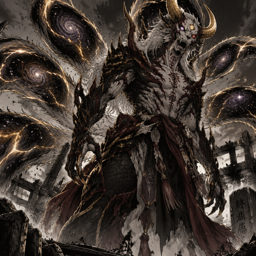 
1. Appearance — a living catastrophe
The Oni — the face of destruction
Two massive, backward-curving golden horns, with smaller broken horns framing the skull.
A bone-white oni mask fused to its face, split by crimson cracks.
Three eyes: one electric gold, one cosmic violet, and one burning crimson.
A jagged mouth filled with black obsidian fangs.
Dark markings resembling cursed seals run from its forehead down its neck.
The Dragon — the body of a storm
Tall, muscular humanoid frame with black dragon scales layered over its shoulders, spine, forearms, and legs.
Silver-white mane flowing like a storm cloud, threaded with gold lightning.
Long clawed hands capable of tearing through cursed-energy defenses.
Dragon antlers and blade-like horns extending from its shoulders.
Black-and-crimson armor plates that look grown rather than forged.
The Nine-Tailed Fox — the celestial mantle
Nine enormous tails that move independently like living weapons.
Each tail contains a swirling galaxy, with stars suspended inside its fur.
Gold lightning runs along their edges, leaving cracks of light in the air.
The tips can become claws, spears, shields, or compressed spheres of cursed energy.
When enraged, the tails spread into a rotating halo behind its body