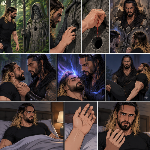 (Recap) Seth Rollins Was walking in the forest near his house,he discovered a statue of a sorcerer (Roman Reigns),he finds a hole on it,then he accidentally cuts his hand,A little bit of his blood dripped in the hole,then it broke apart…revealing the sorcerer himself,Seth was shocked,the sorcerer grabbed Seth’s wrist and pulled him closer,He looked at Seth’s eyes,then he used a spell to make Seth sleep,then he lifted Seth in his arms. (And now part 2). Seth was asleep on his bed,then he woke up. He sat up confused. He looked at his hand…the cut was gone