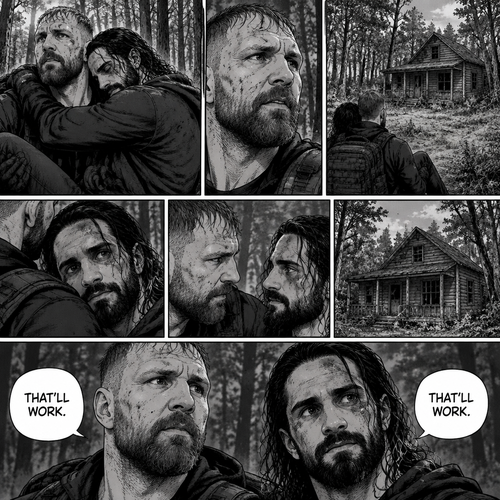 (Part 5). Still in the zombie apocalypse. Jon Moxley was walking in the woods while Holding Seth Rollins in his arms after emotional reunion near the river. Seth was resting his head on Jon’s shoulder while holding on. Jon looked ahead and he sees an abandoned Cabin. Seth Sees it too. Jon and Seth looked at each other,Then they looked back at the cabin. “That’ll work” Jon and Seth said in unison