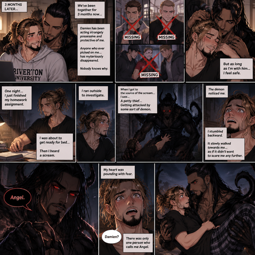 (Recap). Seth Rollins (College student) helped Damien Priest (The bad boy) tend to his wounds on his chest and shoulder after he entered Seth’s dorm room,The next morning,Seth and Damien were asleep in Seth’s bed,Seth slowly woke up,He was in Damien’s embrace,He blushed and his heart fluttered,Damien must’ve heard it because he subconsciously put his hand on Seth’s chest to feel Seth’s heartbeat and hummed softly in his sleep,Seth was flustered,Then…Damien slowly woke up and looked at Seth,”Your heart beats so beautifully” Damien said in a soft voice,Damien then whispered in Seth’s ear,“Is it because of me,Angel?” Damien asked seductively,The blush on Seth’s face deepened,Damien gave a smug and seductive smile.,”Can I kiss you?” Damien asked softly. Seth Got more Flustered,“S-Sure” Seth said nervously,Damien gently kissed Seth. (And now part 4). 3 months had passed,Seth and Damien are together. Damien had been acting strangely possessive and protective of Seth. Anyone who ever picked on Seth…had mysteriously disappeared. Nobody knew why. One night Seth just finished his homework assignment. He was about to get ready for bed….then he heard a scream. He ran outside to investigate. When he got to the source of the scream….he saw….A petty thief…Getting attacked by some sort of demon. Seth got scared. The demon noticed Seth. Seth stumbled backward. The demon slowly walked towards Seth…as if it didn’t want to scare him any further. Seth’s heart was pounding with fear. Then…the demon spoke “Angel”. Seth’s eyes widened. There was only one person who calls him Angel. “Damien?” Seth asked. Damien Gently picked Seth up in his arms