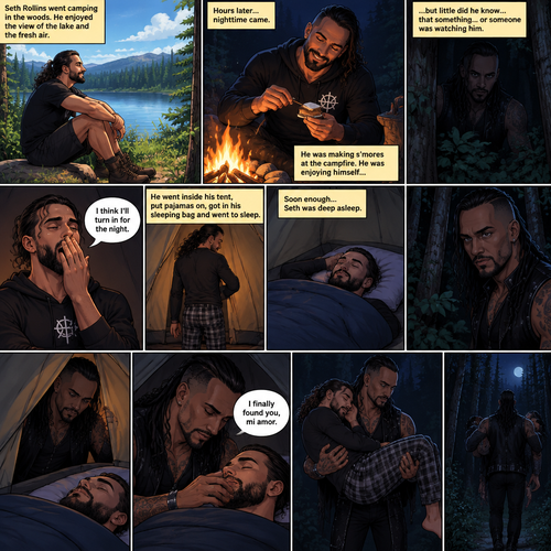 Seth Rollins was camping in the woods,he was enjoying the view of the lake and enjoying the fresh air,Hours later nighttime came,He was making s’mores at the campfire.He was enjoying himself…but…little did he know…that something…or someONE was watching him.Seth eventually got tired and yawned. “I think I’ll turn in for the night” said Seth.He went inside his tent,put pajamas on,got in his sleeping bag and went to sleep,Soon enough…Seth was deep asleep.The mysterious figure (Damien Priest) quietly walked to Seth’s tent,He opened the tent quietly.He looked at Seth,He quietly got inside the tent.He gently caressed Seth’s cheek. “I finally found you,mi amor” The man said softly and quietly.He gently lifted Seth in his arms and walked out of the tent.He walked into the woods….With his long lost lover asleep in his arms. (End of part 1)