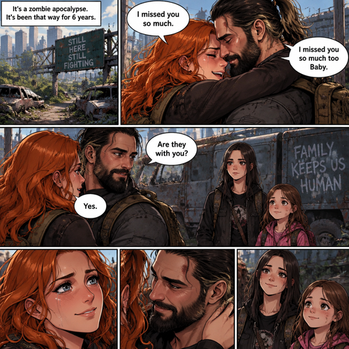 (Part 3)It’s a zombie apocalypse,It’s been that way for 6 years,Becky lynch And Seth Rollins are having an emotional reunion with Raven (A teenage girl) and Sophia (A little girl) watching. “I missed you so much” Said Becky. “I missed you so much too Baby” Said Seth. Seth noticed Raven and Sophia. “Are they with you?” Seth asked Becky. Becky nodded yes