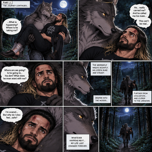 (Quick Recap!) Seth Rollins was lost in the woods at night,he encountered a werewolf,got scared and ran,tripped and rolled on a steep hill,Injured his ankle and hit his head at the bottom,werewolf caught up to him,sniffed him and called him his mate,lifted him in his arms and walked into the woods. (Now onto part 2 of the werewolf x human story!).The werewolf was walking in the woods while holding Seth in his arms.Seth was confused as to what’s going on