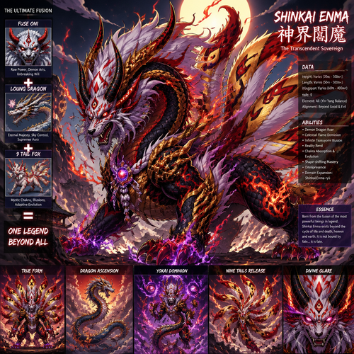 Fuse Oni, loung dragon,9 tail fox into new creature that has all the best appearance from Fuse Oni, loung dragon,9 tail fox.