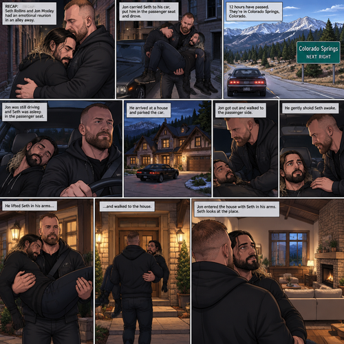 (Recap) Seth Rollins and Jon Moxley had an emotional reunion in an alley away,Jon carried Seth to his car,he put him in the passenger seat and Drove,12 hours have passed,they’re in Colorado Springs,Colorado,Jon was still driving and Seth was asleep in the passenger seat,he arrived at a house and parked the car,he got out and walked to the passenger side,he gently shook Seth awake,he lifted Seth in his arms and walked to the house. (And now part 3). Jon entered the house with Seth in his arms. Seth looks at the place