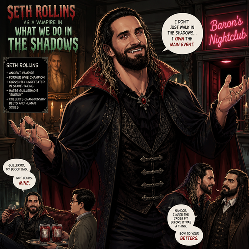 WWE Superstar Seth Rollins as a vampire in what we do in the shadows (Tv show)