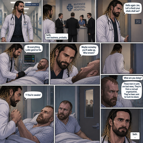 Seth Rollins is a Doctor. He had been looking after a patient (Jon Moxley) who had been in a coma for two years. One day he was walking to Jon’s room,Then he saw men in suits at the front desk. He thought nothing of it and kept walking. He entered Jon’s room. “Hello again Jon,Let’s check your vitals shall we?” Said Seth. He checks Jon’s vitals. “Ok everything Looks good so far” said Seth. He looked at Jon’s face. “Maybe someday you’ll wake up,Who knows?” Said Seth. He got up to leave the room….But a hand grabbed a hold of his wrist. Seth gasped. It was Jon,He’s wide awake and Looking at Seth. “Y-You’re awake” Said Seth. Then Jon carefully got up,Looked out the door and noticed the men in suits. His eyes widened and he shut the door and locked it. “What are you doing?” Seth asked. Jon spoke for the first time since the coma “Those men in suits are bad news,They’re from a corrupt organization,They’ve been sent to hunt me down”. Seth Fell silent,Processing what Jon just said