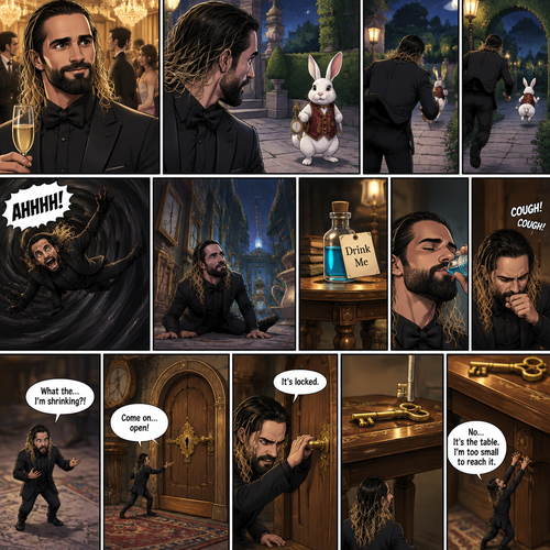 Seth Rollins was at a fancy party,Then he sees a white rabbit outside.It’s wearing a fancy vest and holding a pocket watch and it’s looking at him.Then it starts hopping away and Seth followed it.The rabbit kept hopping and Seth kept following,Until the rabbit jumped down the rabbit hole.Seth looked in the hole…Then he leaned in to far and started falling down the hole. “AHHHH!” Seth Yelled.He kept falling and falling,Till eventually he landed on the bottom.He looked at his surroundings,then he noticed a small door in front of him.He turned around and noticed a small table behind him,there’s a small potion on top of it and with a note attached to it that says “drink me”.He took the potion and took a sip,He coughed a little,Puts the potion back and shrinks (literally).He ran to the door and turned the handle…Its locked.He found the key…and it’s…the table,He’s to small to reach it