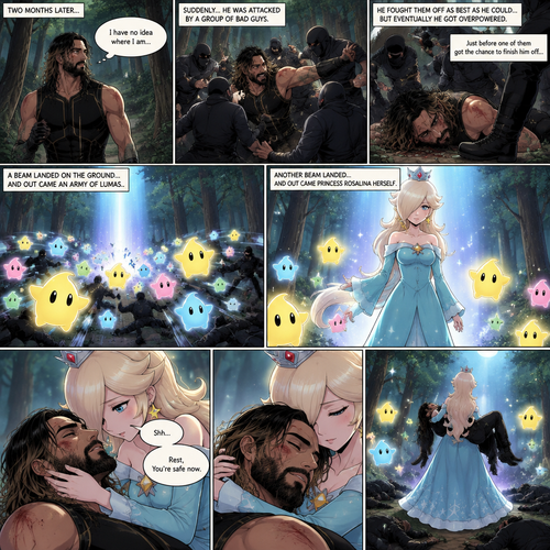 (Part 2 of the Seth Rollins x Princess Rosalina story). It had been two months since that night. Seth hadn’t seen Luma since. He was walking in the woods completely lost. Then suddenly….he attacked by a group of bad guys. He fought them off as best as he could…but eventually he got overpowered. Just before one of them got the chance to finish him off…a beam landed on the ground…and out came an army of Lumas. They attacked the bad guys. Another beam landed…and out came Princess Rosalina herself. She walked towards the injured Seth. She gently held him. Seth tried to speak but Rosalina shushed him softly. “Rest,You’re safe now” Rosalina said softly. She lifted Him in her arms and rested his head on her shoulder. The bad guys were all knocked out