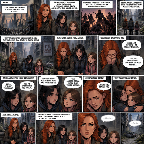 (Recap)It’s a zombie apocalypse,It’s been that way for 6 years,Becky lynch is surviving with two people,A teenager named Raven and a little girl named Sophie,They used to be part of a group…but they got wiped out by Bandits and Zombies,Becky,Raven and Sophie were the only ones that managed to escape.m,They’re currently walking in the city,They sat down on a bench to take a break,They were silent for a while,Then Becky started to cry,Raven and Sophie were concerned,Becky felt like nothing she did was good enough and that she couldn’t save anyone even the man she loved,Raven and Sophie were sad to see Becky like this,They reassured her,Becky smiled softly,They all hug each other. (And now part 2). Becky,Raven and Sophie were still sitting on the bench. Then…they heard a faint voice calling Becky’s name