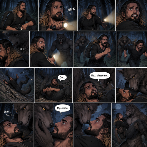 Seth Rollins was lost in the middle of the woods at night,The only this has right now is a backpack and a flashlight.He was about to take a break…then he heard something stepping on a twig.He looked around for the source pointing his flashlight,Then he heard something moving in the woods,He was looking frantically.He was about to give up….then he felt something breathing on him,his heart was beating loudly,He turned around slowly while pointing his flashlight…it was….A werewolf!!.Seth Yelled in fear and ran.The werewolf chased after him,It was gaining on Seth…but he wasn’t about to give up now..so he kept running.Seth was still running….then he tripped and rolled down a steep hill,He sprained his ankle on the way down…and then he hit his head at the bottom of the hill. “Ow” said Seth.He rolled on his back,His head and his ankle were hurting.The werewolf caught up to him. “No…please no” said Seth. The werewolf slowly walked up to him,Then it slowly got on top of him.he braced himself,He thought the werewolf was gonna eat him….But….it didn’t happen…instead…the werewolf leaned forward and sniffed him.The werewolf snapped his head up to look at Seth afterwards.The werewolf then gently placed his hand on Seth’s jaw making him look up at him.They stared into each others eyes,There was something…pulling them together,Then….the werewolf spoke “My..mate”.Seth was caught off guard by what the werewolf just said,Then the werewolf lifted him in his arms