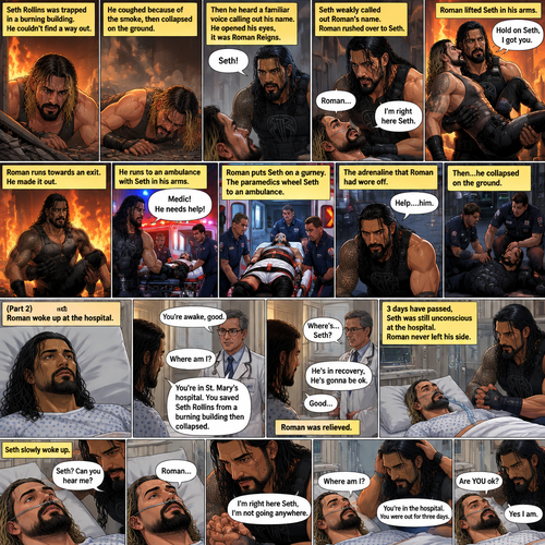 (Recap) Seth Rollins was trapped in a burning building,he couldn’t find a way out,he coughed because of the smoke,he collapsed on the ground,then he heard a familiar voice calling out his name,He opened his eyes,it was Roman Reigns,Seth weakly called out Roman’s name,Roman Rushed over to Seth,”I’m right here Seth” said Roman,he lifted Seth in his arms,”Hold on Seth,I got you” Roman said to Seth”,Roman runs towards an exit,he made it out,He runs to an ambulance with Seth in his arms,”Medic! He needs help!” Roman yelled,he puts Seth on a gurney,the paramedics wheel Seth to an ambulance,the adrenaline that Roman had wore off,”Help….him” said Roman,then….he collapsed on the ground,another team of paramedics rushed to Roman. (And now part 2). Roman woke up at the hospital. A doctor walked in. “You’re awake,good” said the doctor. “Where am I?” Roman asked. “You’re in st. Mary’s hospital,You Saved Seth Rollins from a burning building then collapsed” said the doctor. “Where’s…Seth?” Roman asked. “He’s in recovery,He’s gonna be ok” said the doctor. Roman was relieved. 3 days have passed,Seth was still unconscious at the hospital. Roman never left his side. Seth slowly woke up. “Seth? Can you hear me?” Roman asked softly. Seth spoke weakly “Roman”. Roman gently held Seth’s hand. “I’m right here Seth,I’m not going anywhere” Roman said softly. “Where am I?” Seth asked weakly. Roman gently stroked Seth’s head. “You’re in the hospital,You were out for three days” Roman said Softly. Seth looked at Roman. “Are YOU ok?” Seth asked softly. “Yes I am” Roman said Softly