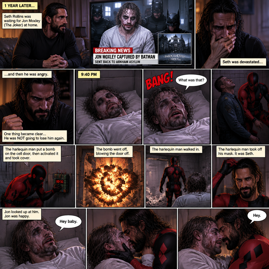 (Part 4 of the Joker x Harlequin story). 1 year later,Seth Rollins was waiting for Jon Moxley (The Joker) at home. Then a news report came on saying that Jon was captured by Batman and was sent back to the asylum. Seth was devastated…and then he was angry. One thing became clear…He was NOT going to lose him again. 9:40 pm,Jon was asleep in his padded room in the asylum…then he heard a loud Bang. He jolted awake. “What was that?” Jon asked himself,Then he saw one of the guards get taken out. There was a man in a red and black Harlequin costume,He was wearing a mask. Jon was confused. The Harlequin man put a bomb on the cell door,then activated it and took cover. Jon took cover as well. The bomb went off,blowing the door off. The harlequin man walked in. Jon looked up at him. The harlequin man took off his mask,It was Seth. Jon was happy. “Hey baby” Said Jon. “Hey” Said hey. They kissed