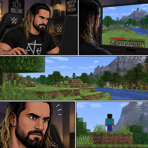 Seth Rollins was playing Minecraft alone on his computer,Then he sees something in the distance. It was a player with the default skin,His back was facing Seth
