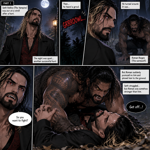 (Part 1 of the Werewolf x Vampire story). Seth Rollins (The Vampire) was out on a stroll after a hunt,Then…he heard a growl. He turned around, It was…Roman Reigns (The werewolf). Seth was about to fight,But Roman suddenly pounced on him and pinned him to the ground. Seth struggled But Roman was somehow stronger than him 