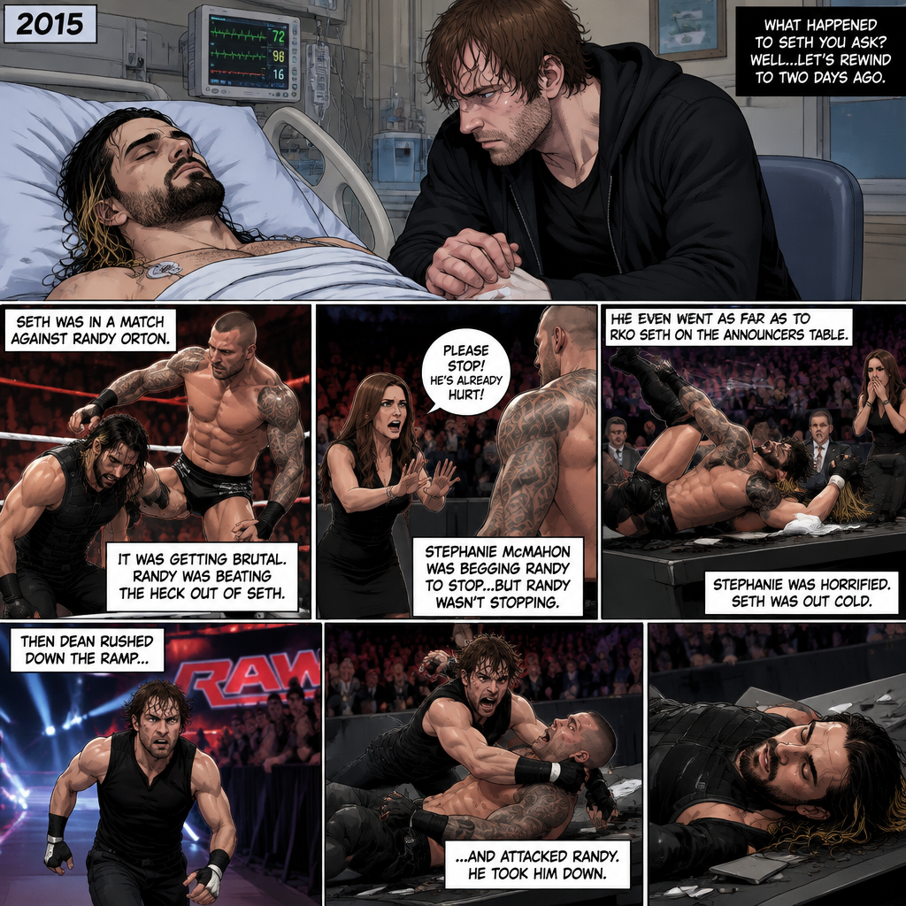 It’s the year 2015,We’re in a hospital. Seth Rollins was lying in a hospital bed unconscious. Dean Ambrose was sitting by his side and holding his hand. (What happened to Seth you ask? Well…let’s rewind to two days ago). Seth was in a match against Randy Orton. It was getting brutal. Randy was beating the heck out of Seth. Stephanie McMahon was begging Randy to stop…but Randy wasn’t stopping. He even went as far as to Rko Seth on the announcers table. Stephanie was horrified. Seth was out cold. Then Dean rushed down the ramp and attacked Randy. He took him down