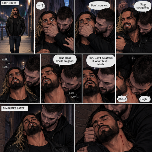 Seth Rollins was walking down a sidewalk alone at night,Then…Someone (Finn Bálor) grabbed him from behind and pulled him into an alleyway. Seth tried to yell for help but the person Covered his mouth with his hand. The person whispered in Seth’s ear “Don’t scream”. Seth struggled but the person was somehow stronger than him. “Stop struggling!” The person said with an irritated tone. Seth was breathing heavily. The person sniffed Seth’s neck. “Your blood smells so good” Said the person. Seth’s heart was pounding with fear. “Shh,Don’t be afraid,It won’t hurt…Much” The person said softly. Then…the person’s fangs pierced Seth’s neck. Seth groaned. The person held Seth. After about 8 minutes