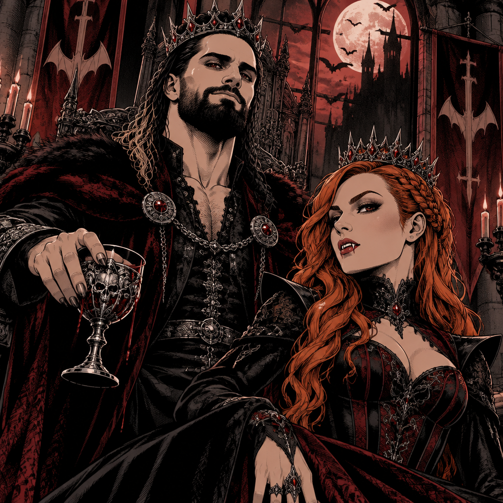 Seth Rollins and Becky Lynch as king and queen of the vampires