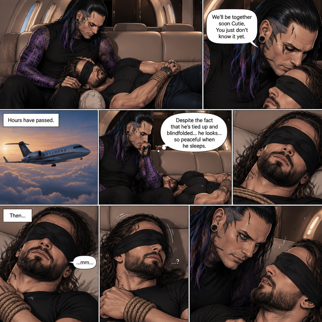 (Previously) The nefarious Jeff Hardy carried the unconscious Seth Rollins (A secret agent) to a private plane after arriving at the airstrip,He put him down on the sofa in the plane,He tied Seth’s wrists and Ankles with rope and then blindfolded him,The plane took off,Jeff gently stroked Seth’s head and whispered “We’ll be together soon Cutie,You just don’t know it yet”,He then gently kissed Seth’s forehead. (And now part 3). Hours have passed. Seth was still unconscious. Jeff was looking at him. “Despite the fact that he’s tied up and blindfolded…he looks…so peaceful when he sleeps” Jeff thought to himself. Then…Seth slowly regained consciousness