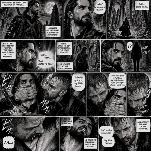 Seth Rollins is a vampire hunter,One night he was out on patrol…then….he heard someone…softly call out his name. “Hello?,Is someone there?” Seth called out. He saw nothing….then he heard it again,He tried to ignore it…but the voice softly spoke again “Seth…come to me”. He couldn’t ignore it anymore,he followed the voice. Each time he tried to fight it…the voice would grow in loud whispers,Then….when he got to the ruins…the voice stopped. He looked at his surroundings,Then…he heard footsteps behind him. Just as he grabbed his weapon…a hand grabbed his wrist from behind and another hand covered his mouth from behind. The voice whispered in his ear “I finally got you,my little hunter”. He knew that voice from anywhere….It was Jon Moxley the king of the vampires. Seth tried to struggle…but it was no use. “There’s no point in fighting,My little hunter,I got you right where I want you” Jon whispered in Seth’s ear. Seth’s heart was pounding. Jon sniffed Seth’s neck.Seth was breathing heavily. Then….Jon’s fangs pierced Seth’s neck. Seth yelped a bit