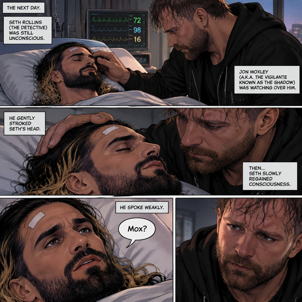 (Part 2 of the Vigilante x detective story). The next day,Seth Rollins (The detective) was still unconscious. Jon Moxley (A.K.A The vigilante known as the shadow) was watching over him. He gently stroked Seth’s head. Then…Seth slowly regained consciousness. He spoke weakly “Mox?”