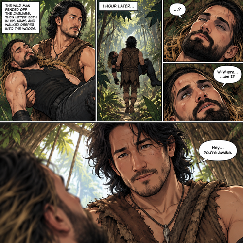 (Recap!) Seth Rollins was in a jungle with a group,Then jaguars appeared,he ran,he tripped and fell. A wild man (Markiplier) jumped in and saved him,A tree branch fell on Seth’s head and he got dizzy and passed out. After the wild man fended off the jaguars he lifted Seth in his arms and walked in the woods. (All caught up? Good! Now onto part 2!). 1 hour had passed,Seth slowly regained consciousness. The wild man was looking down at Him